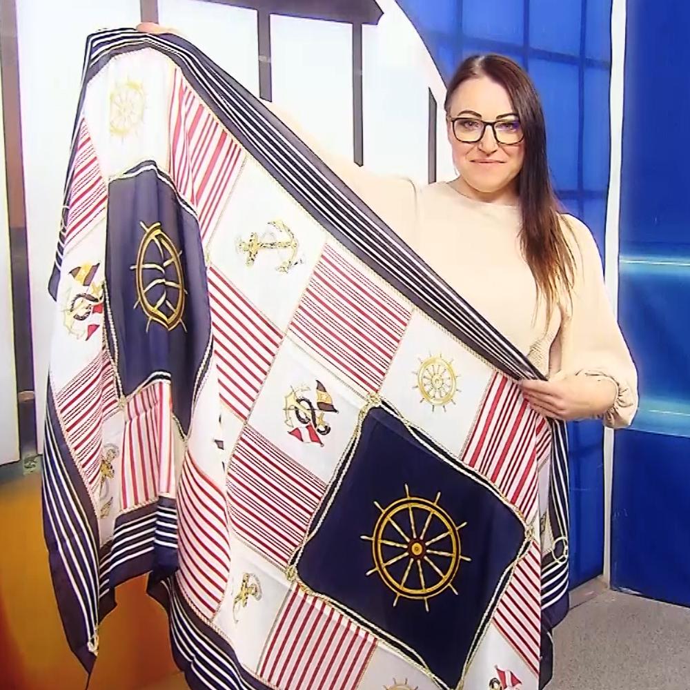 Bufanda de seda, 90 cm x 180 cm, rueda náutica y estampado de ancla