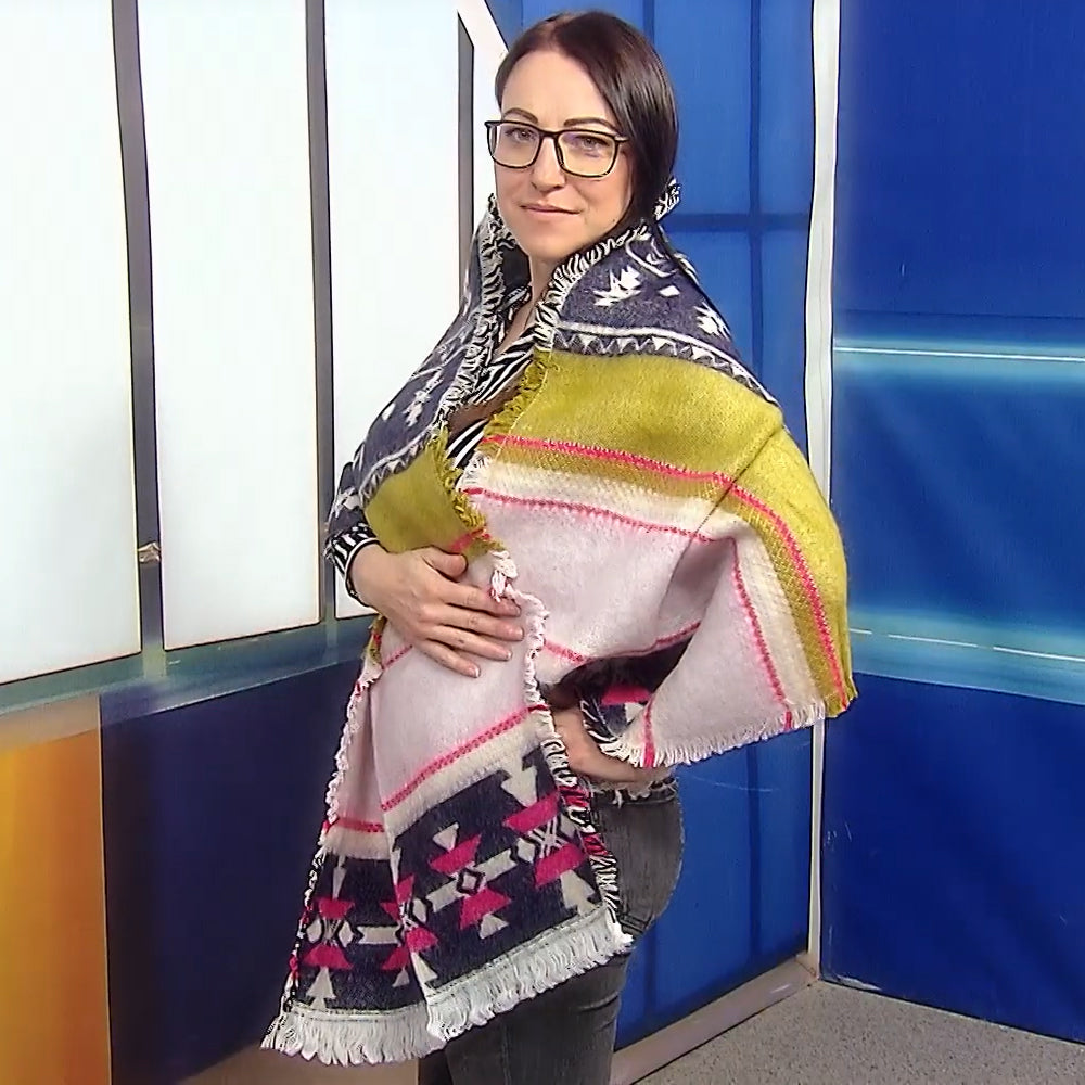 Bufanda de lana, 190 cm x 53 cm, estampado azteca, color crema y azul marino