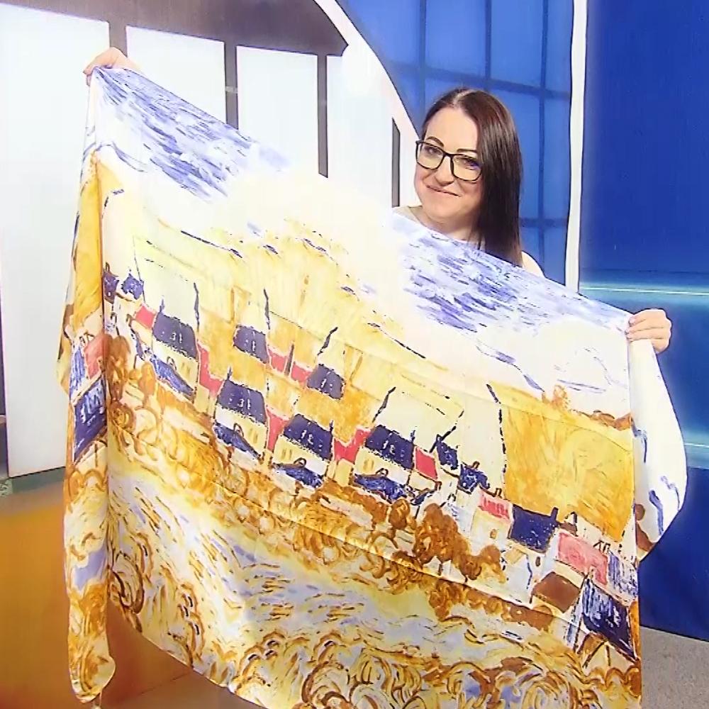 Pañuelo de 100% seda auténtica, 90 cm x 180 cm, estampado de pueblo de estilo impresionista