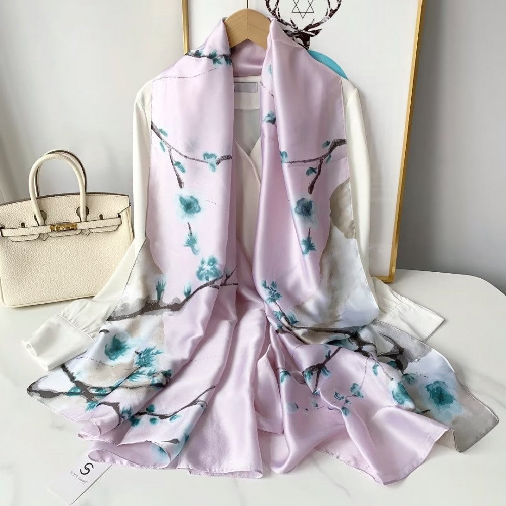 Bufanda de seda, 90 cm x 180 cm, rama de ciruelo en tonos fríos, rosa, 100% seda