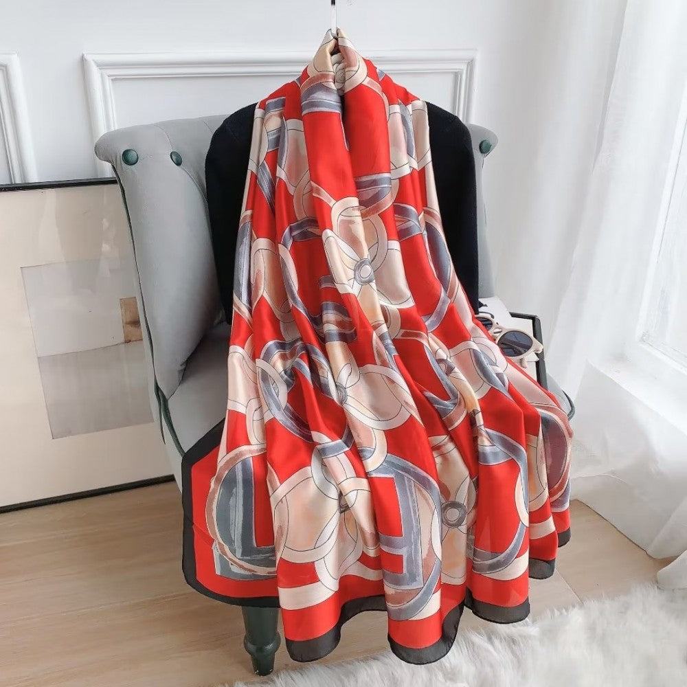 Bufanda de seda, 90 cm x 180 cm, hermosas flores en floración, rojo, 100% seda