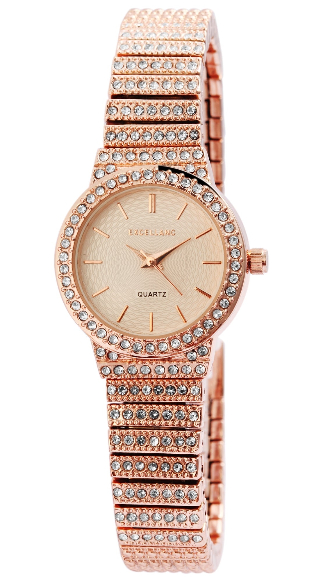 Reloj de pulsera para mujer Excellanc con correa de metal, color oro rosa, movimiento de cuarzo japonés PC21, dial en color plata