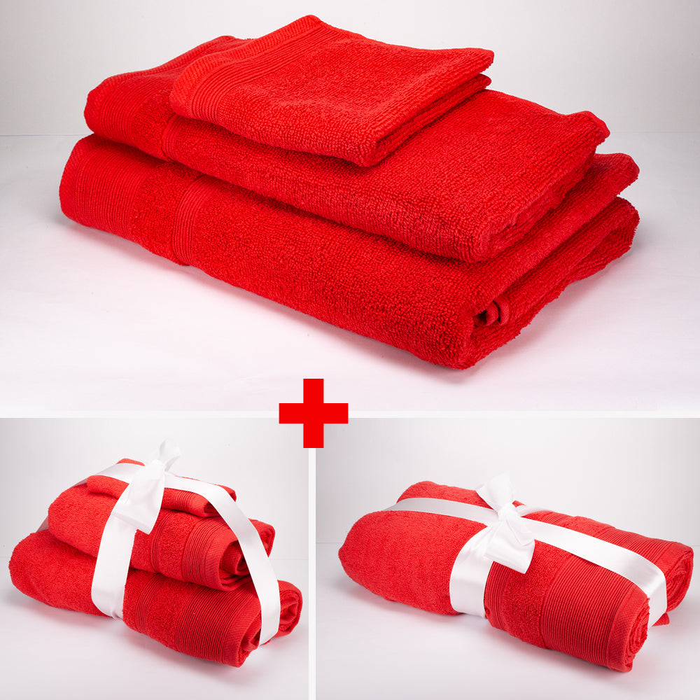 3+3+1 Regalo Juego de 3 piezas de Toallas 100% Microalgodón, 500 GSM, Rojo Rubí
