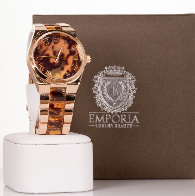 Reloj de aleación para mujer de color oro rosa, con rayas de tigre y esfera con números romanos