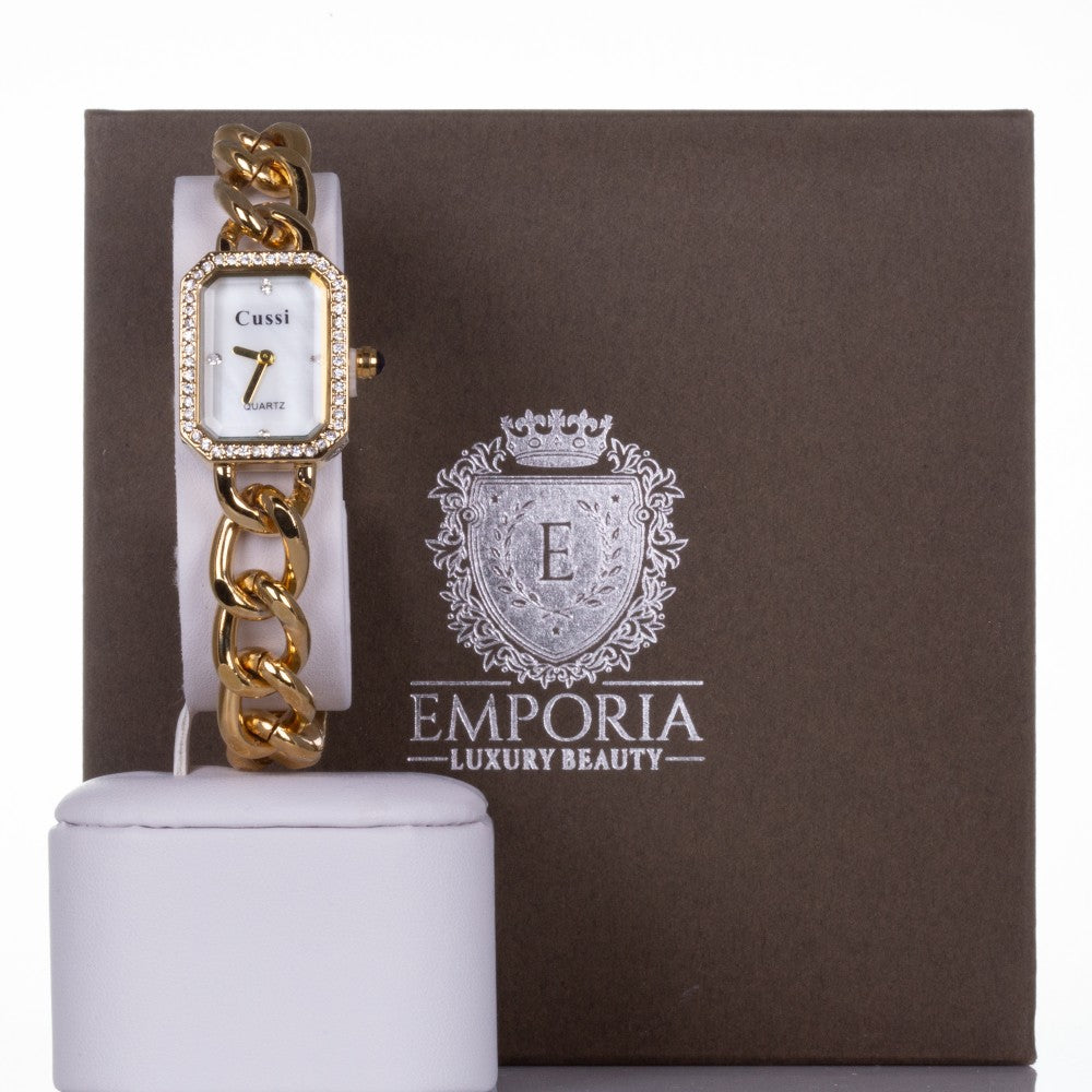 Reloj CUSSI de aleación bañado en oro para mujer con cristales de cuarzo + cristales alrededor de la esfera, correa de cadena con caja de regalo