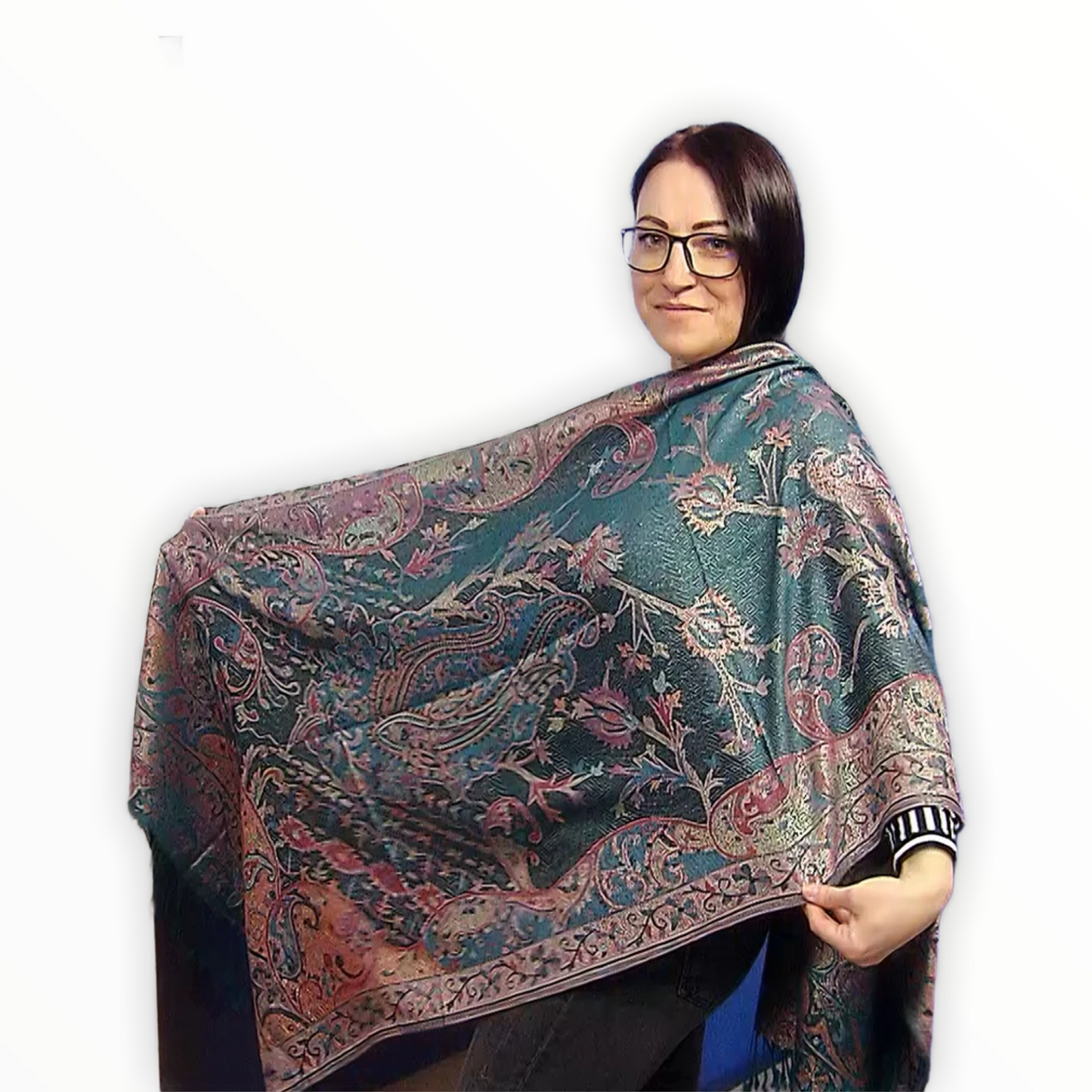 Bufanda de cachemira 100% Pashmina auténtica, 70 cm x 180 cm, paisley verde azulado, brillante