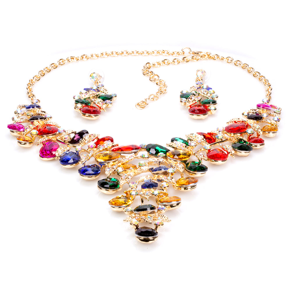 Conjunto de Aleación Bañado en Oro con Cristal Emporia® Multicolor ( Collar +Pendientes )