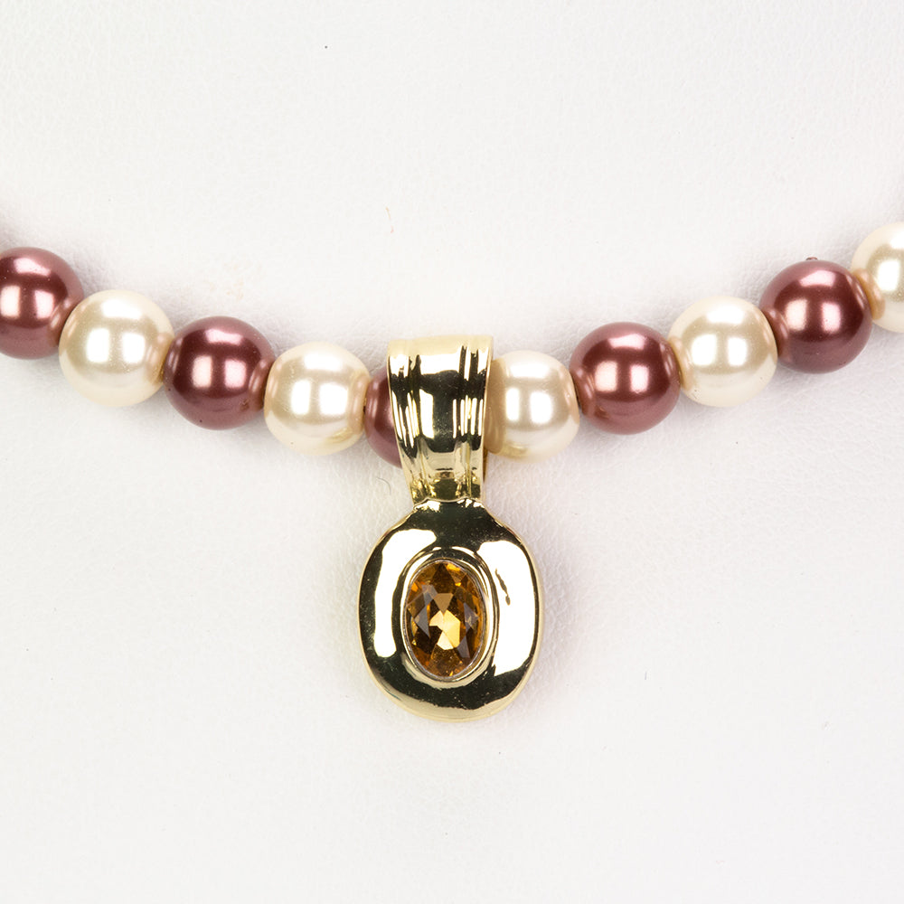 3 pieces Gold Plated Alloy Set with 6 mm Chocolate and White Pearls of Quartz Watch (20 cm), pendant necklace (44 cm) and earrings with White and Yellow Emporia Crystals, white dial