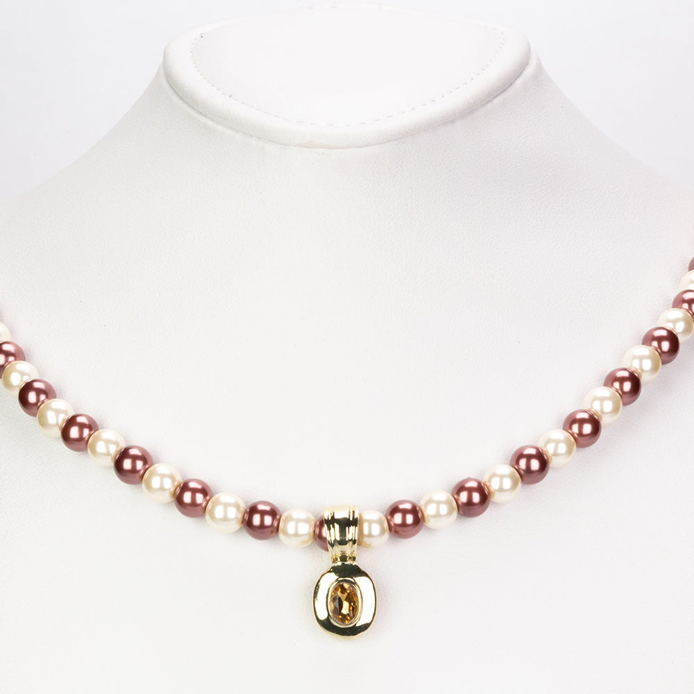 3 pieces Gold Plated Alloy Set with 6 mm Chocolate and White Pearls of Quartz Watch (20 cm), pendant necklace (44 cm) and earrings with White and Yellow Emporia Crystals, white dial