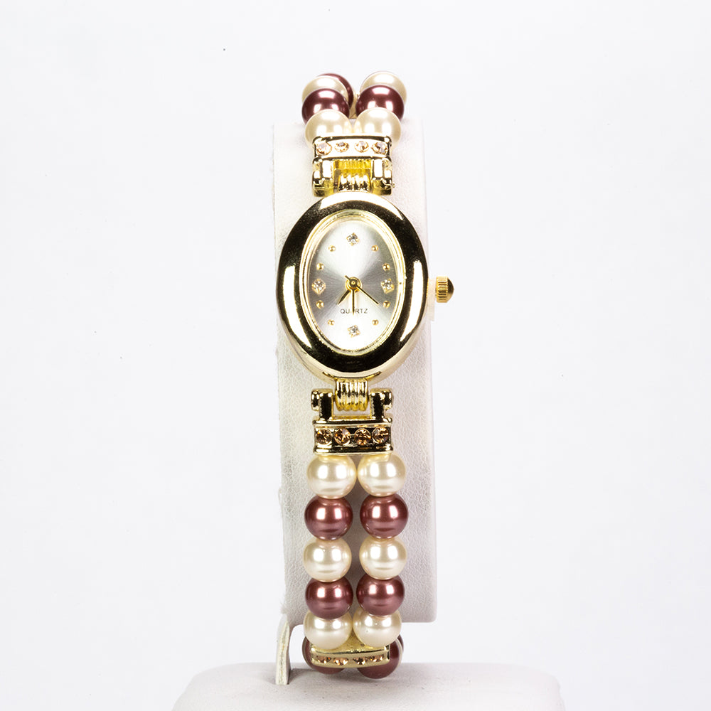 3 pieces Gold Plated Alloy Set with 6 mm Chocolate and White Pearls of Quartz Watch (20 cm), pendant necklace (44 cm) and earrings with White and Yellow Emporia Crystals, white dial