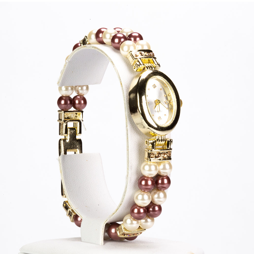 3 pieces Gold Plated Alloy Set with 6 mm Chocolate and White Pearls of Quartz Watch (20 cm), pendant necklace (44 cm) and earrings with White and Yellow Emporia Crystals, white dial