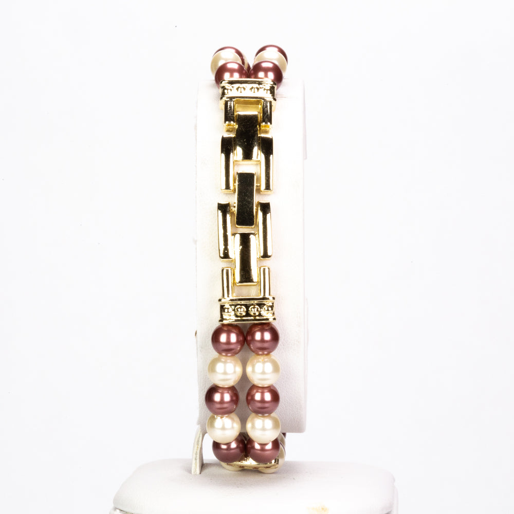 3 pieces Gold Plated Alloy Set with 6 mm Chocolate and White Pearls of Quartz Watch (20 cm), pendant necklace (44 cm) and earrings with White and Yellow Emporia Crystals, white dial