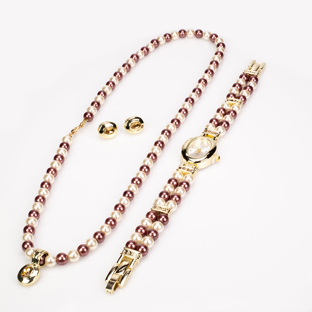 3 pieces Gold Plated Alloy Set with 6 mm Chocolate and White Pearls of Quartz Watch (20 cm), pendant necklace (44 cm) and earrings with White and Yellow Emporia Crystals, white dial