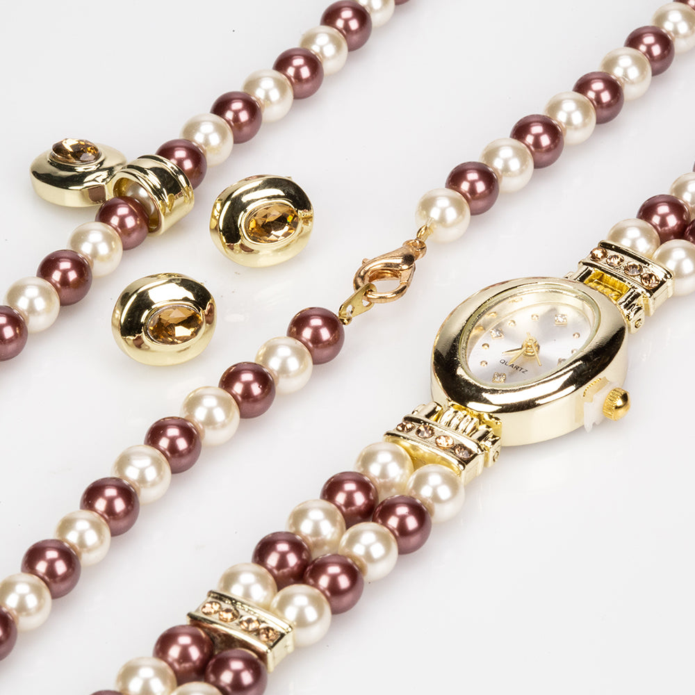 Conjunto de Aleación Bañado en Oro con Perla Marrón ( Collar +Pendientes +Colgante )