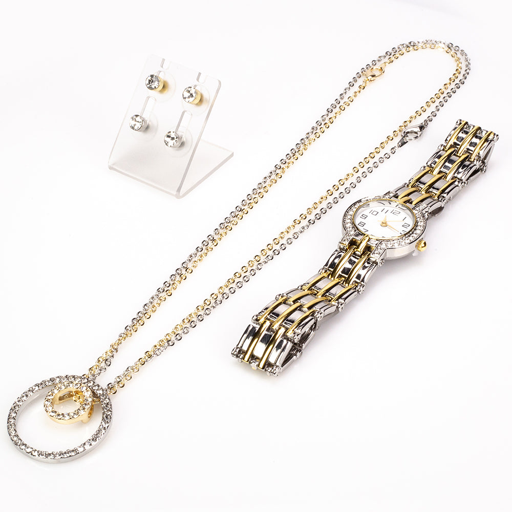 Juego de 7 piezas de reloj de cuarzo de aleación chapado en oro y blanco, 2 collares y 2 pendientes de aretes con cristales Emporia blancos, esfera blanca