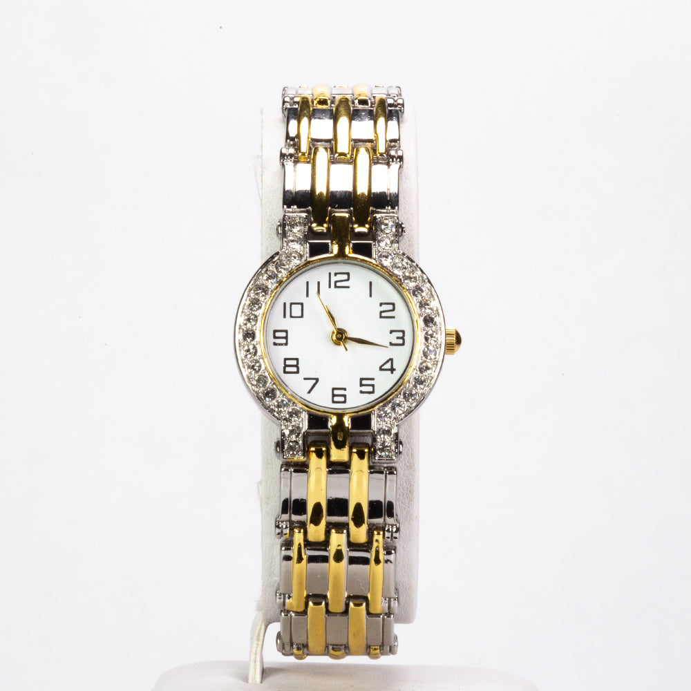Juego de 7 piezas de reloj de cuarzo de aleación chapado en oro y blanco, 2 collares y 2 pendientes de aretes con cristales Emporia blancos, esfera blanca