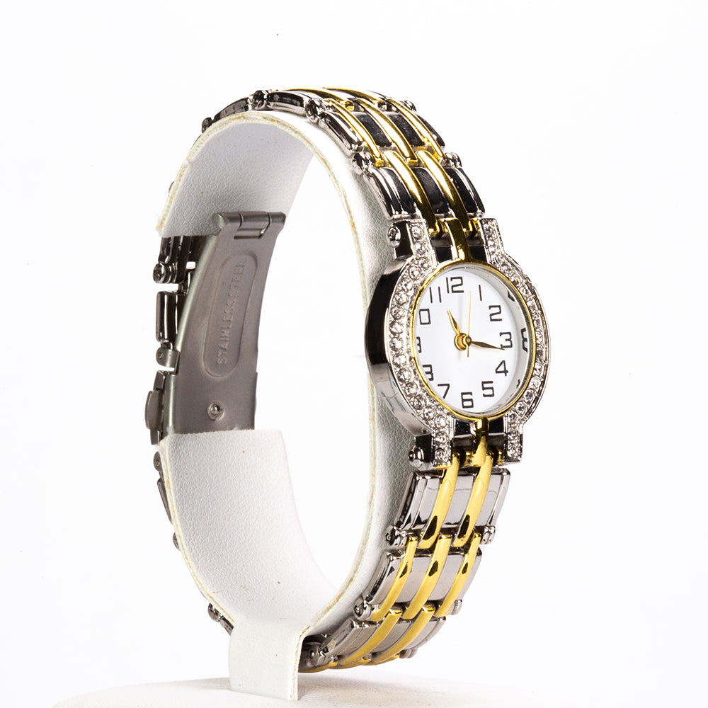 Juego de 7 piezas de reloj de cuarzo de aleación chapado en oro y blanco, 2 collares y 2 pendientes de aretes con cristales Emporia blancos, esfera blanca