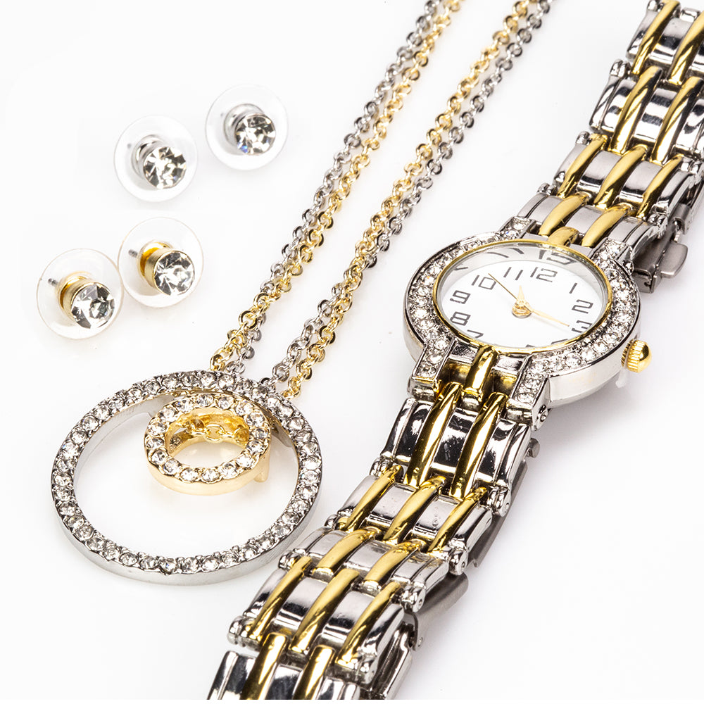 Juego de 7 piezas de reloj de cuarzo de aleación chapado en oro y blanco, 2 collares y 2 pendientes de aretes con cristales Emporia blancos, esfera blanca