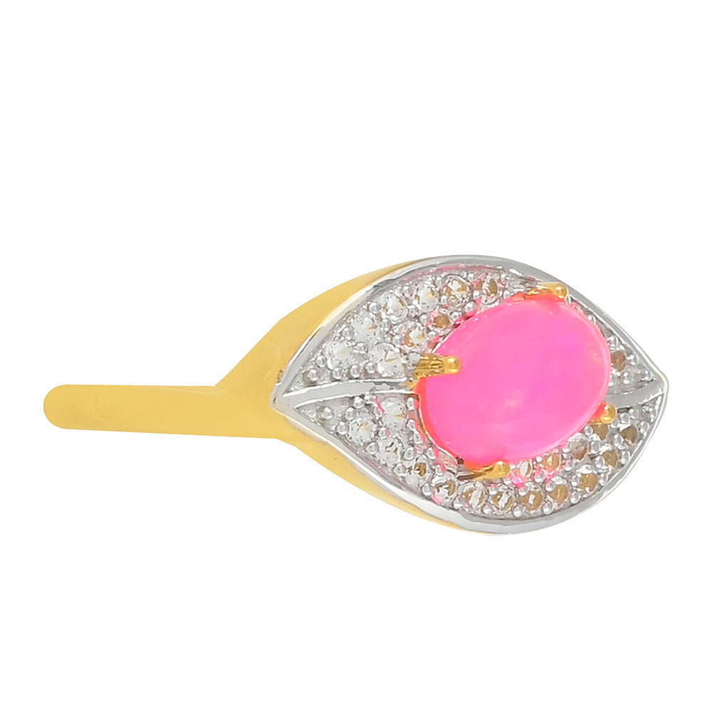 Anillo de Plata Bañada en Oro con Ópalo Rosa Neón de Etiopía y Topacio Blanco