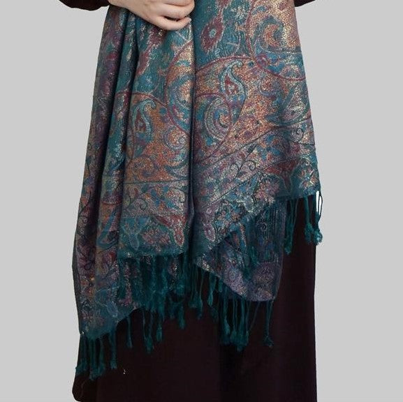 Bufanda de cachemira 100% Pashmina auténtica, 70 cm x 180 cm, paisley verde azulado, brillante