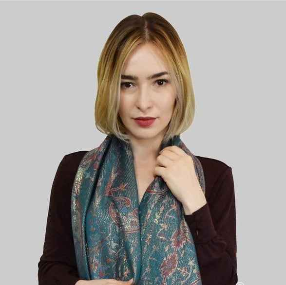 Bufanda de cachemira 100% Pashmina auténtica, 70 cm x 180 cm, paisley verde azulado, brillante
