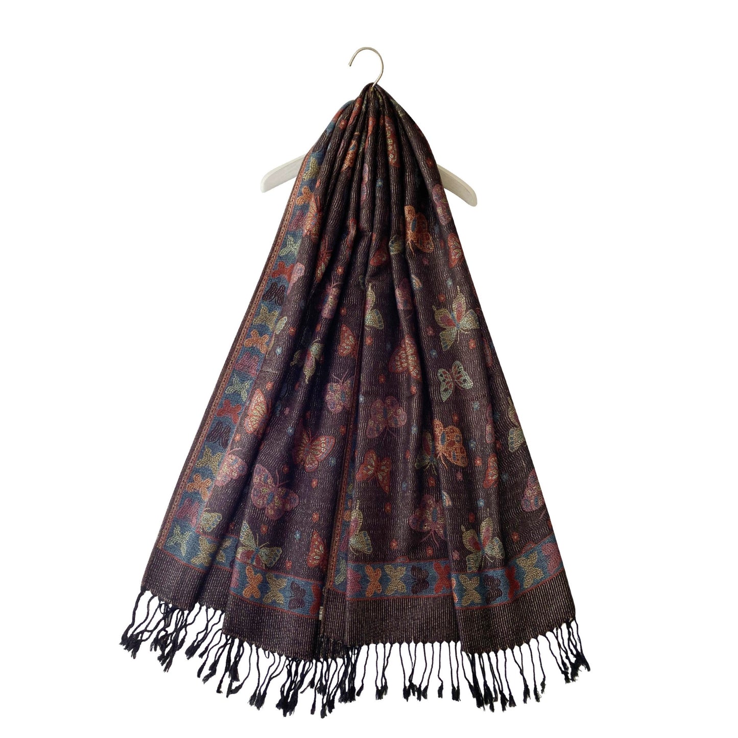 Bufanda de cachemira 100% Pashmina auténtica, 70 cm x 170 cm, estampado de mariposas en negro brillante