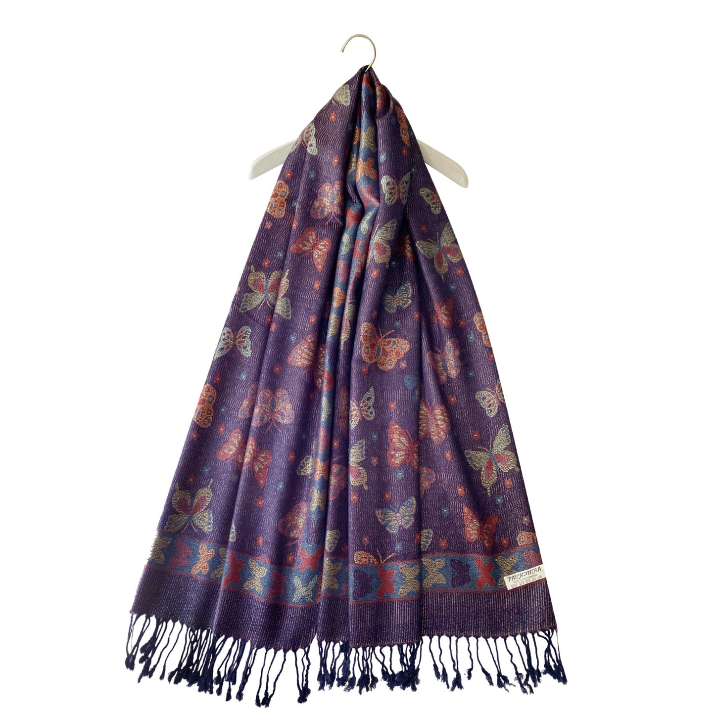 Bufanda de cachemira 100% pashmina auténtica, 70 cm x 170 cm, estampado de mariposas azul marino brillante