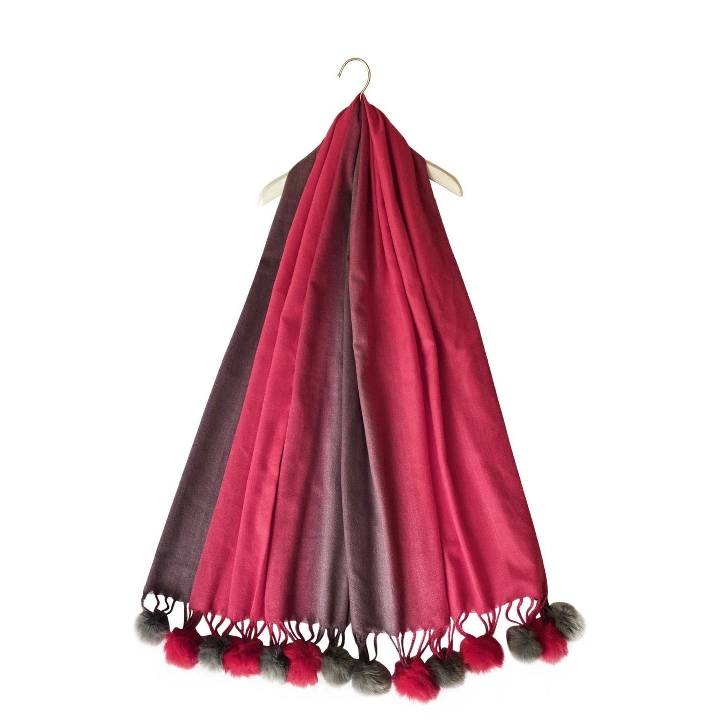 Bufanda de lana con pompón, 65 cm x 180 cm, granate multicolor