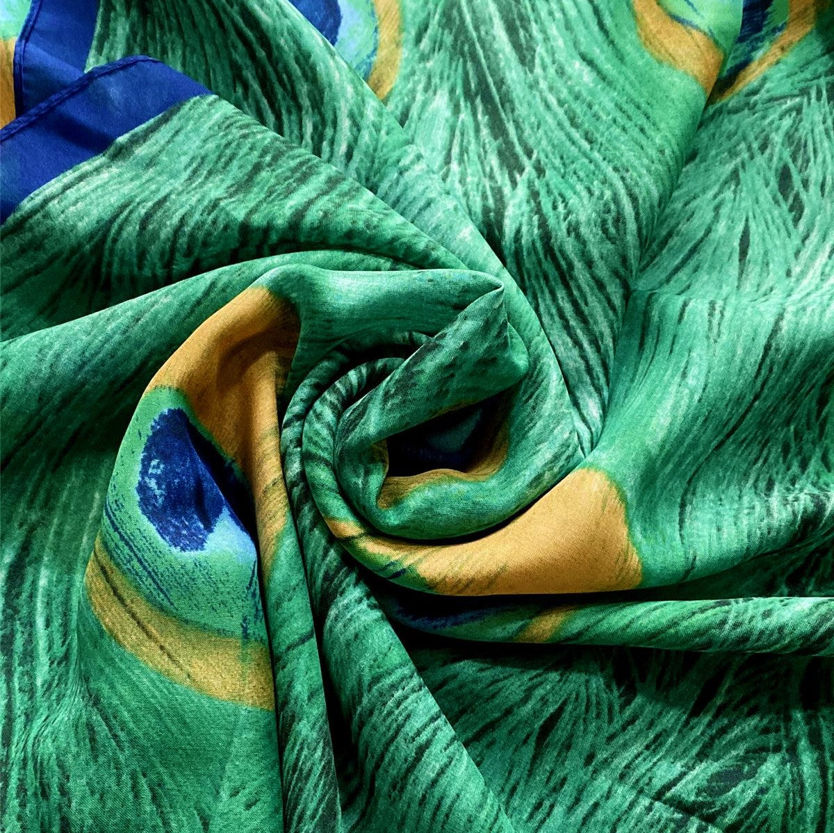 Pañuelo de seda, 90 cm x 180 cm, estampado de plumas de pavo real, verde