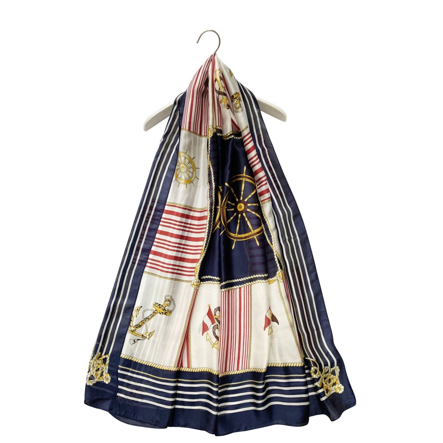 Bufanda de seda, 90 cm x 180 cm, rueda náutica y estampado de ancla