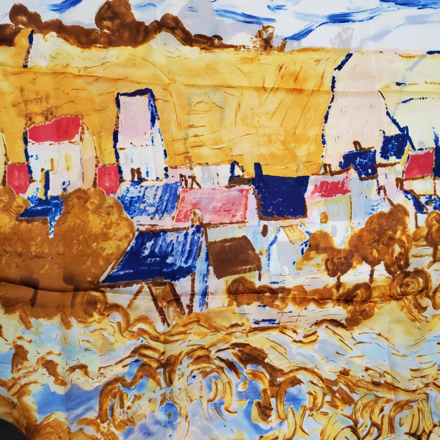 Pañuelo de 100% seda auténtica, 90 cm x 180 cm, estampado de pueblo de estilo impresionista