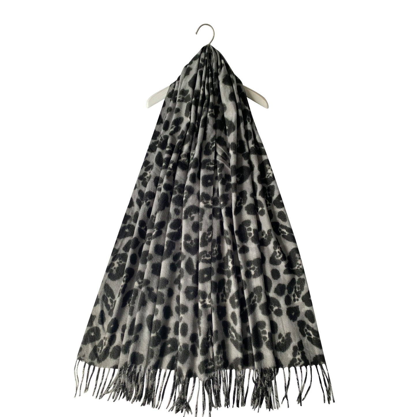 Bufanda de lana, 65 cm x 180 cm, estampado de leopardo, gris