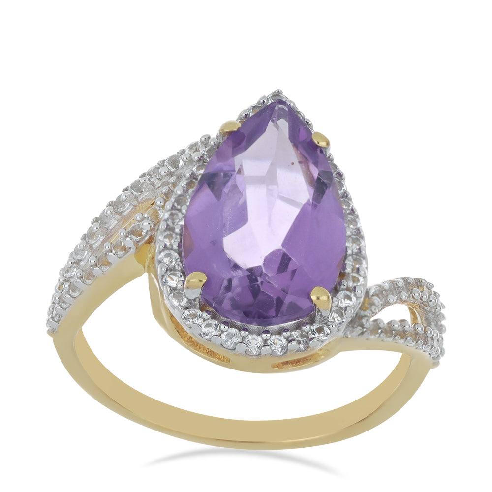 Anillo de Plata Bañada en Oro con Amatista de Vera Cruz y Topacio Blanco