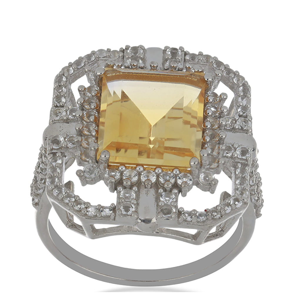 Anillo de Plata con Citrino de los Montes Urales y Topacio Blanco