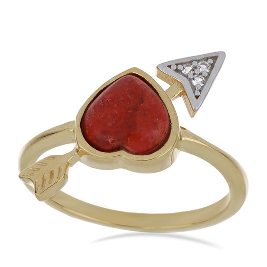 Anillo de Plata Bañada en Oro con Coral de Esponja Roja y Topacio Blanco