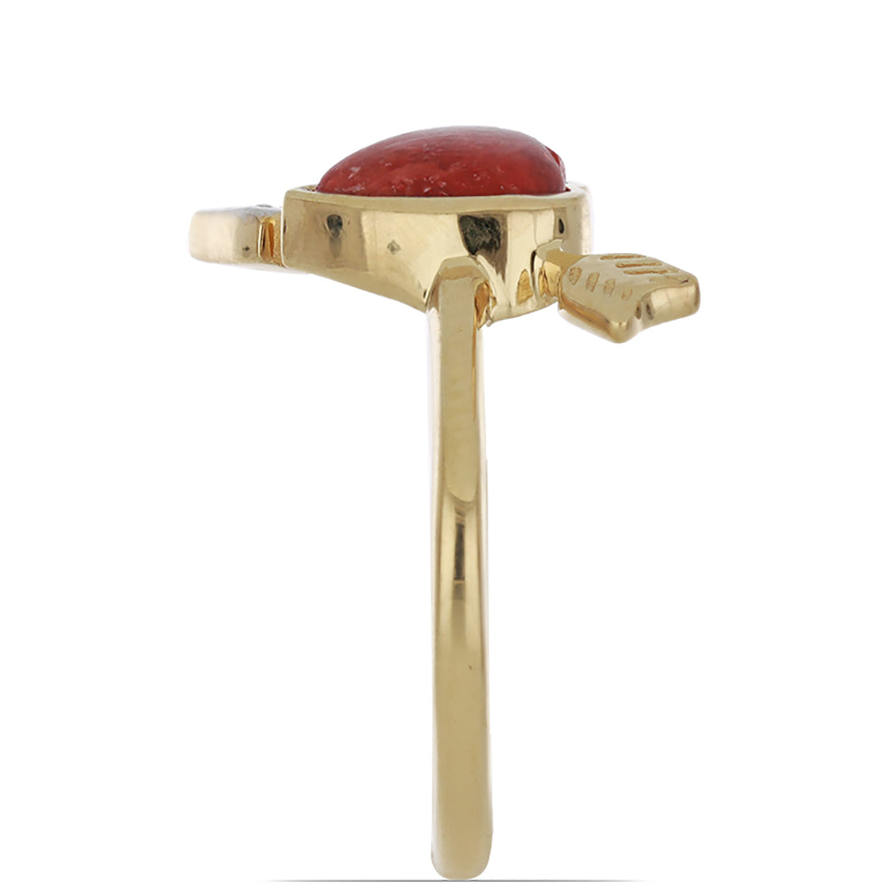 Anillo de Plata Bañada en Oro con Coral de Esponja Roja y Topacio Blanco