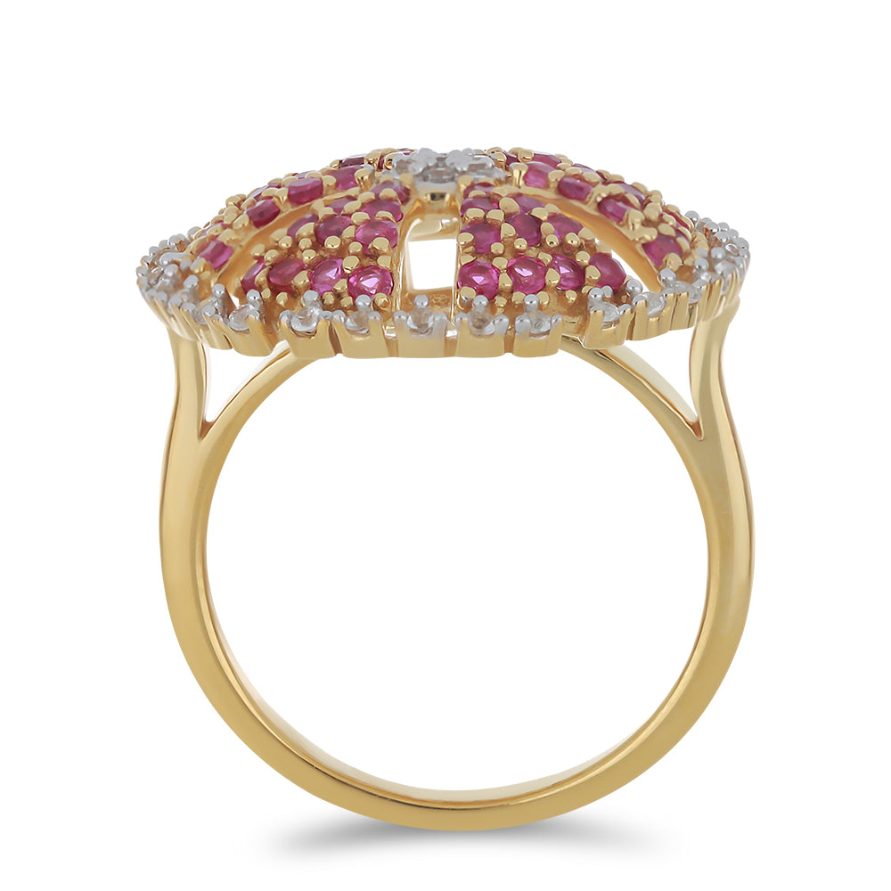 Anillo de Plata Bañada en Oro con Rubí de Madagascar y Topacio Blanco