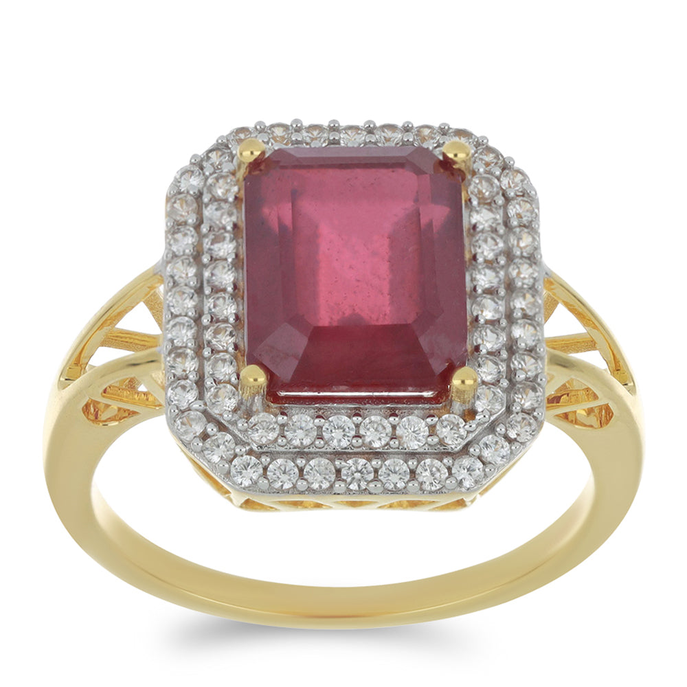 Anillo de Oro 9K con Rubí de Madagascar y Zircón blanco natural
