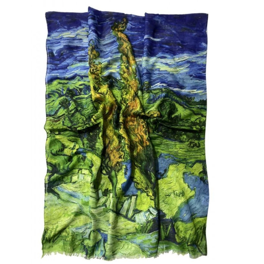 Bufanda-Mantón de algodón, 70 cm x 180 cm, Van Gogh - Dos álamos