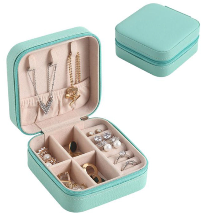 Caja organizadora de joyas de terciopelo y cuero de PU, turquesa
