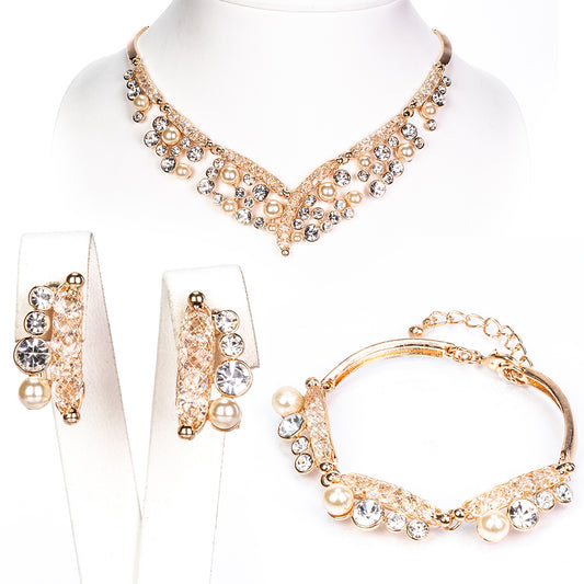 Conjunto de Aleación Bañado en Oro con Cristal Emporia® Blanco ( Collar +Pendientes +Pulsera )