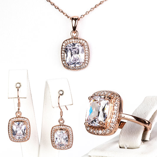 Conjunto de Aleación Bañado en Oro con Cristal Emporia® Blanco ( Collar +Pendientes +Anillo )