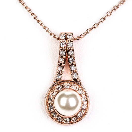 Conjunto de Aleación Bañado en Oro con Perla de cristal y Cristal Emporia® Blanco ( Collar +Pendientes )