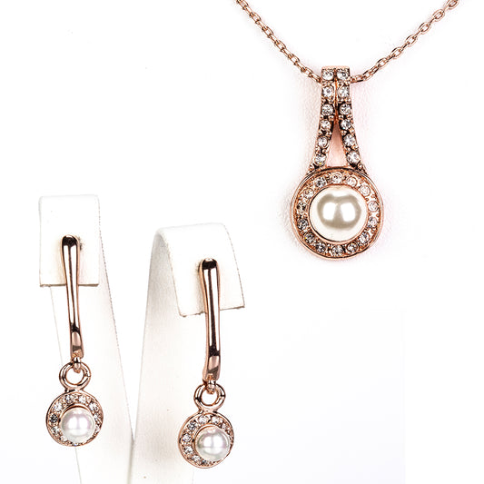 Conjunto de Aleación Bañado en Oro con Perla de cristal y Cristal Emporia® Blanco ( Collar +Pendientes )
