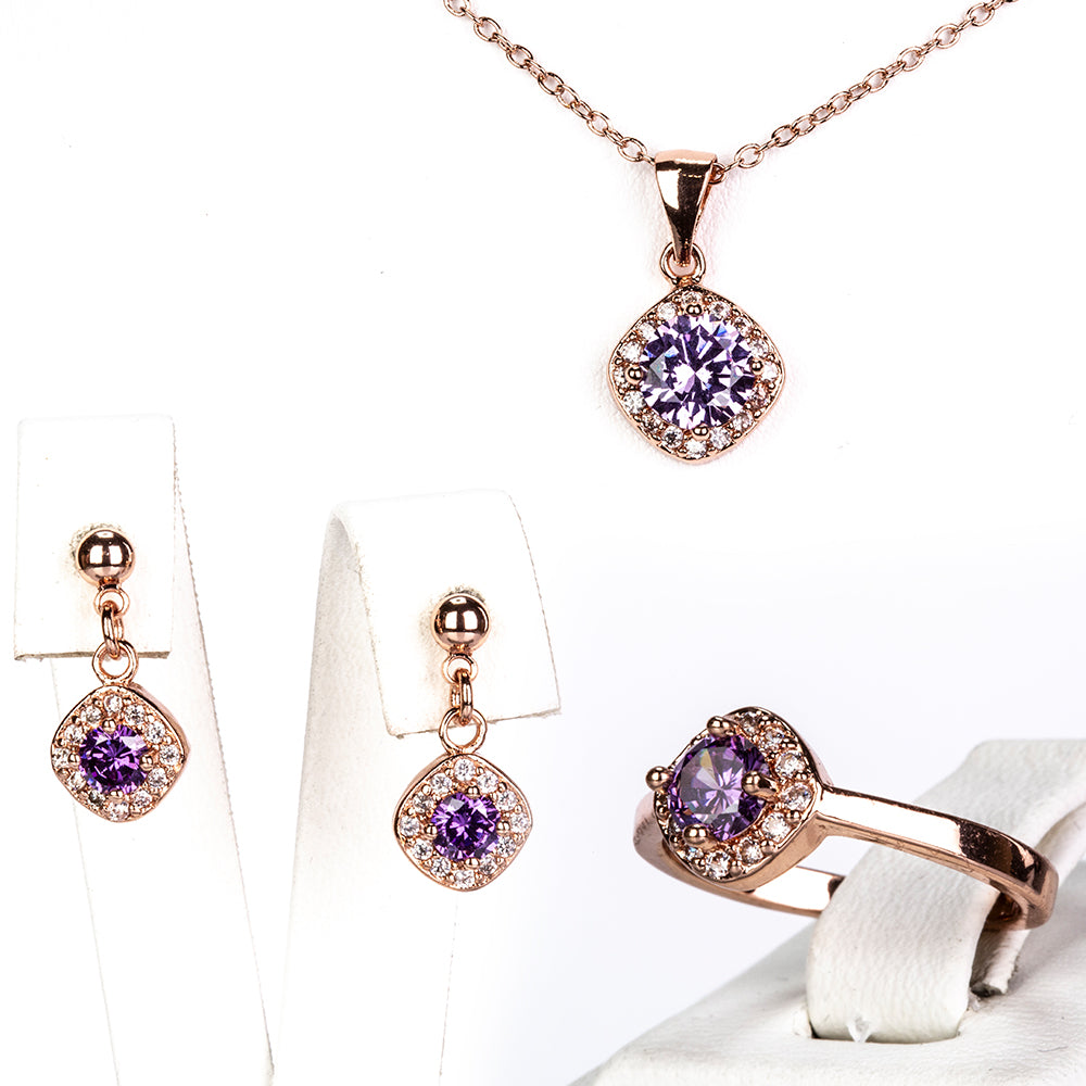 Conjunto de Aleación Bañado en Oro con Cristal Emporia® Púrpura ( Collar +Pendientes +Anillo +Colgante ) 1 