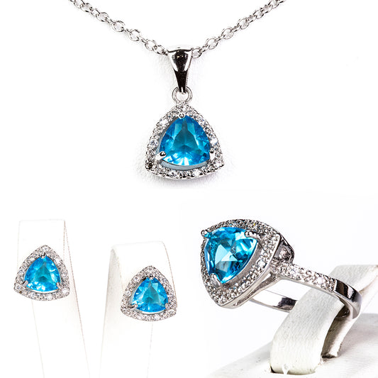 Conjunto de Aleación Bañado en Oro con Cristal Emporia® Azul ( Collar +Pendientes +Anillo )