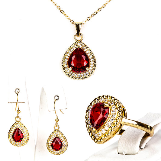 Conjunto de Aleación Bañado en Oro con Cristal Emporia® Rojo ( Collar +Pendientes +Anillo )