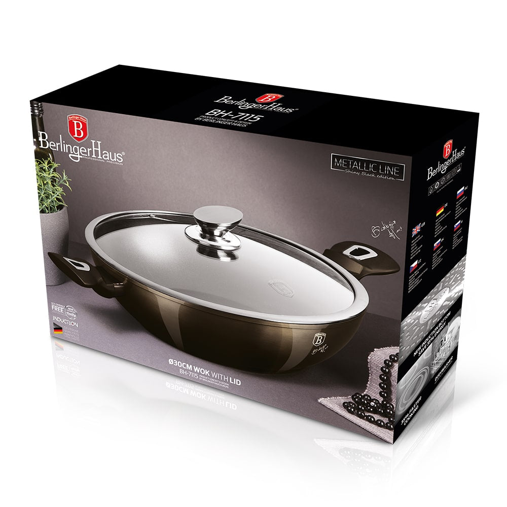 Wok con tapa Berlinger Haus   de la línea metálica brillante en negro, 30 cms 2 
