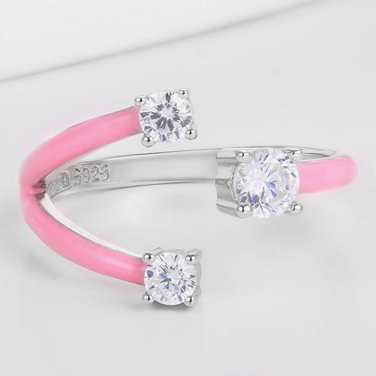 Whitegold Tone Alloy Ring with Pink Resin and White Emporia Crystals