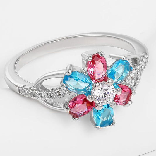 Whitegold Tone Alloy Ring with Blue, Pink and White Emporia Crystals